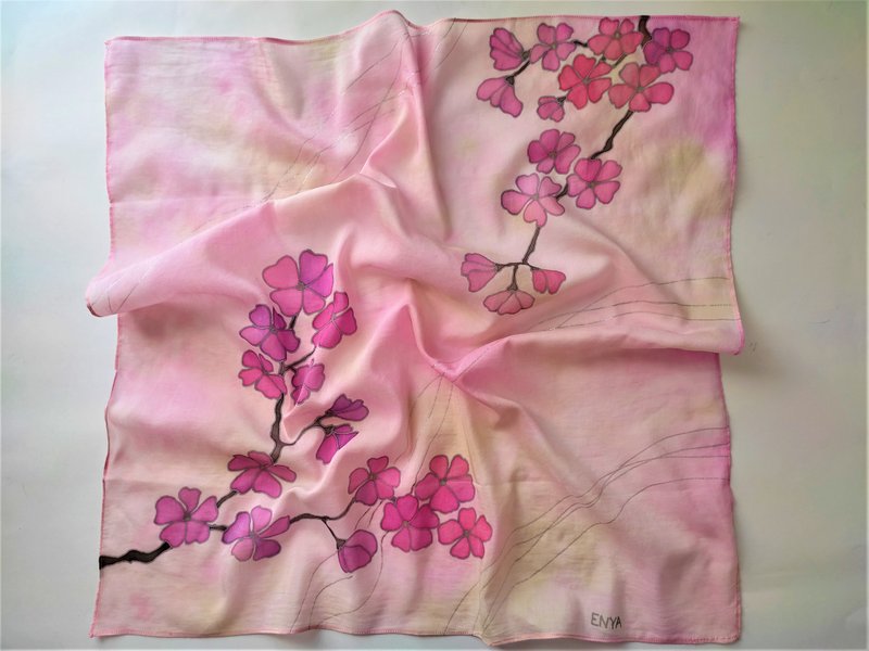 Square cherry blossom scarf Cotton and silk scarf pink Hand painted scarf - 絲巾 - 絲．絹 粉紅色