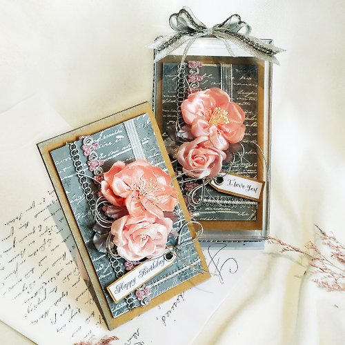 艾朵兒 adorer design 玫瑰芍藥緞帶花 手工卡片(含禮盒包裝 可客製化)