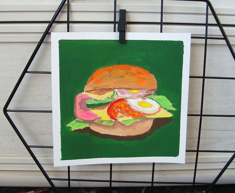 Gouache painting Hamburger still life, Original Art - Wall Décor - Paper Green