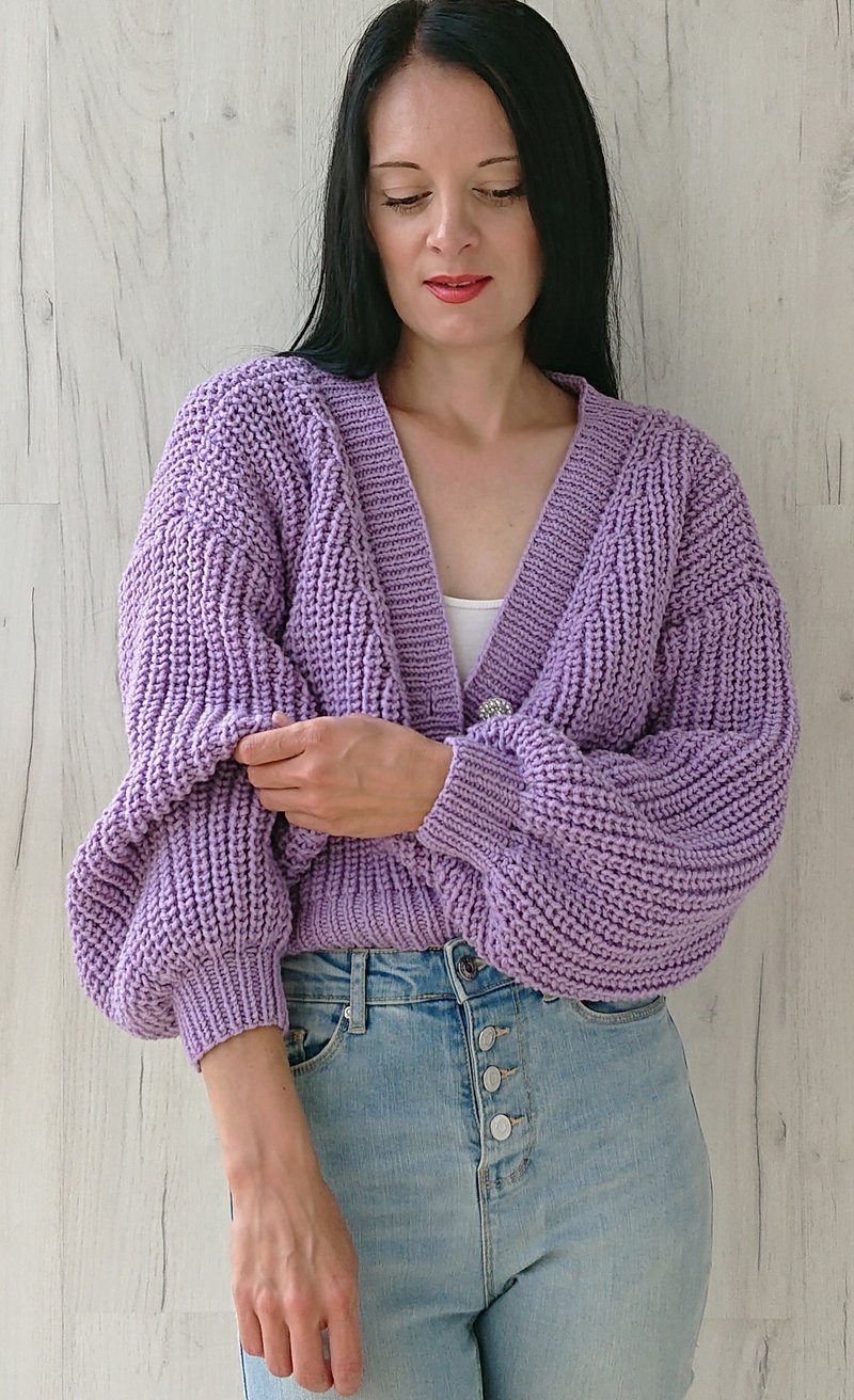 Lantern sleeve sweater Lavender handmade knit jacket High waist V neck cardigan - 女毛衣/針織衫 - 羊毛 