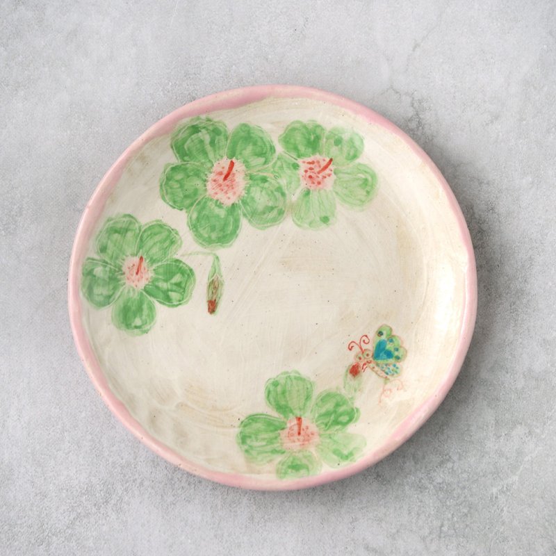 綠色花卉與蝴蝶圖案手繪盤 - 碟/盤子/餐盤 - 陶 粉紅色
