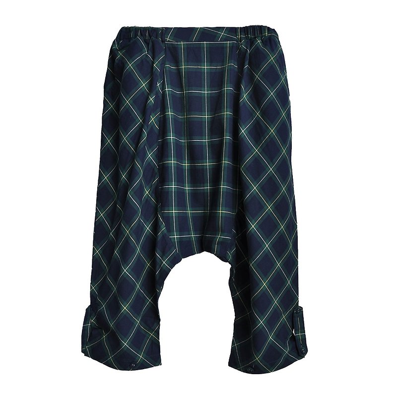 彈性腰頭飛鼠老爺褲 七分哈倫褲 -  蘇格蘭綠格紋 - 女長褲 - 棉．麻 綠色