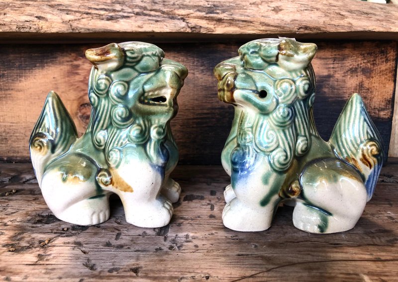 限量優惠 中型陶瓷獅子 風獅爺 擺飾品(一對) 手工繪製 - 擺飾/家飾品 - 瓷 綠色