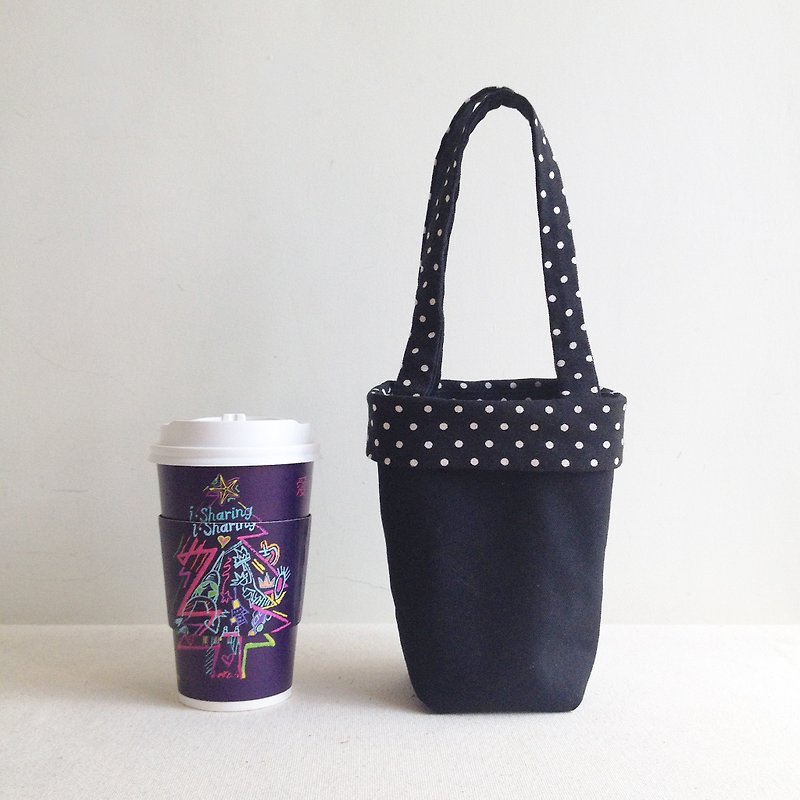 Black dot one-sided two-sided face cup drink bag beverage bag - Beverage Holders & Bags - Cotton & Hemp Black