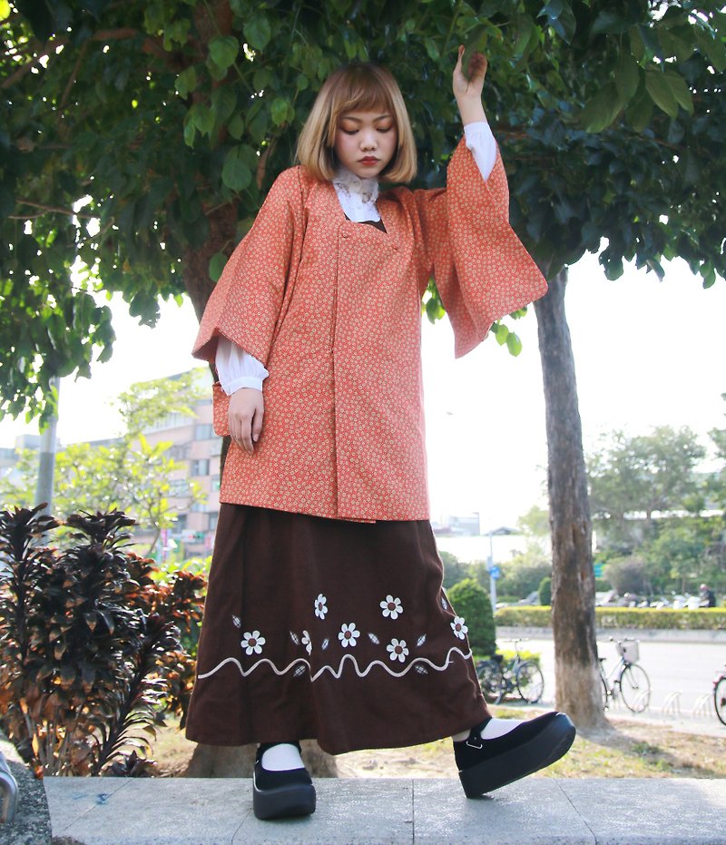 Back to Green::日本帶回和服道行 春日滿版花朵 //有口袋// vintage kimono (KBI-05) - 女大衣/外套 - 絲．絹 橘色