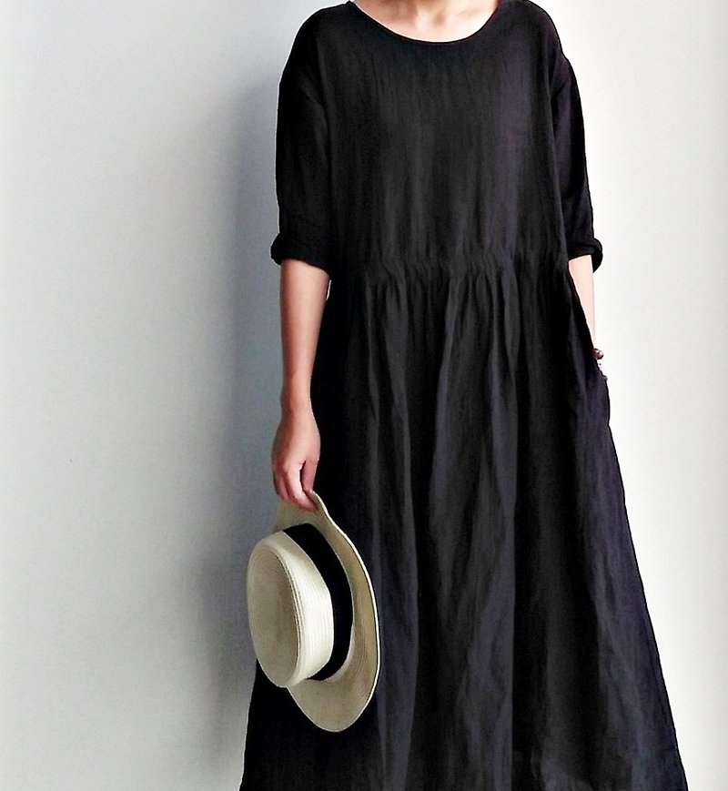 Drawstring two-wear dress linen washed black / optional colors - ชุดเดรส - ผ้าฝ้าย/ผ้าลินิน สีดำ