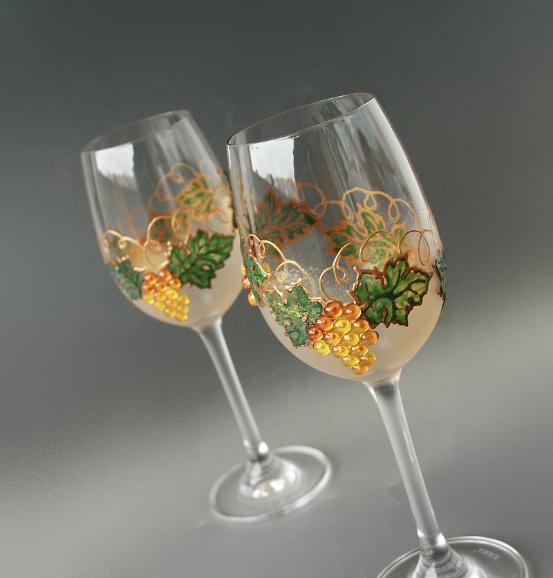 Wine Glasses Grape , Gold Harvest, Hand painted set of 2 - แก้วไวน์ - แก้ว สีทอง
