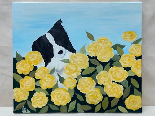 Tiffany Chen of Hope Art Studio 客製化/邊境牧羊犬與黃玫瑰/油畫彩繪/藝術裝飾