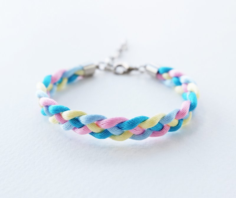 Blue / pink / light yellow braided mini bracelet - Bracelets - Other Materials Multicolor
