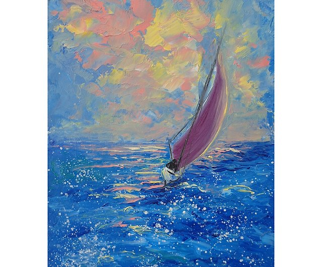 ヨットの絵画海景オリジナルアートサンセットウォールアート小さな油絵 