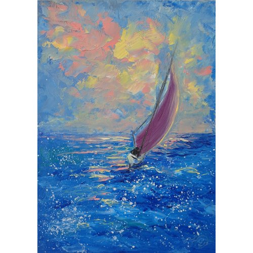 IllaUartGallery Sailboat Painting Seascape Original Art Sunset Wall Art Small Oil Painting