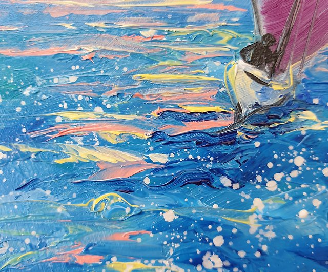 ヨットの絵画海景オリジナルアートサンセットウォールアート小さな油絵 