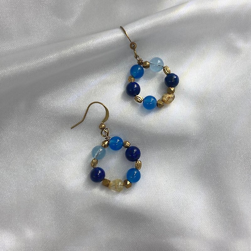 【Blue Waltz】Blue agate/lapis lazuli/sea sapphire/rice gold - Earrings & Clip-ons - Semi-Precious Stones Blue