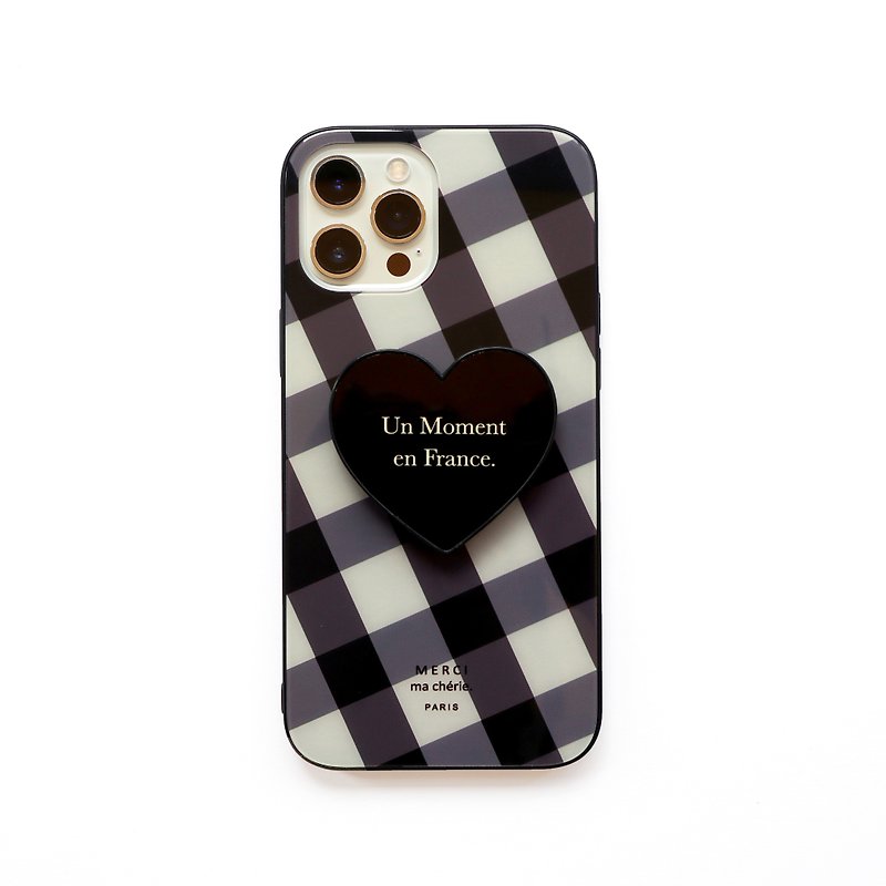 Black and gray plaid love heart stand glass phone case - เคส/ซองมือถือ - แก้ว สีดำ