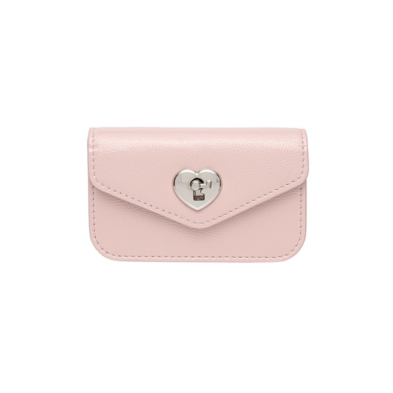 Heart Lock Compact Card Wallet Babypink - 錢包/皮夾/長短夾 - 真皮 粉紅色