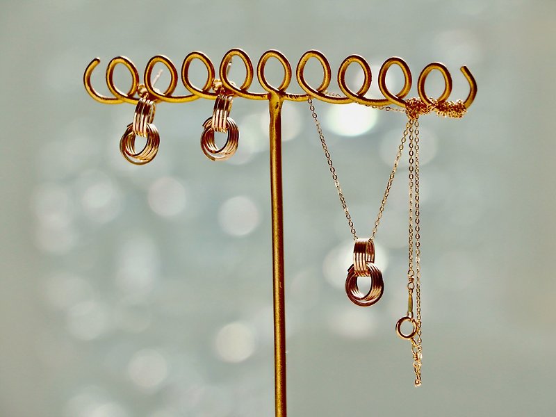 14kgf-three rings pierced earrings and necklace set - 耳環/耳夾 - 寶石 金色