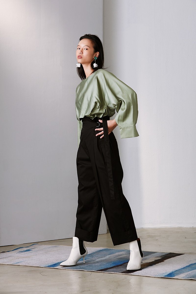 YIBO/black high-waist straight-leg pants - Women's Pants - Cotton & Hemp Black