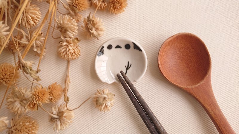 Hey! Bird friend! Chinese silver-throated long-tailed tit chopsticks spoon plate - Chopsticks - Porcelain Brown