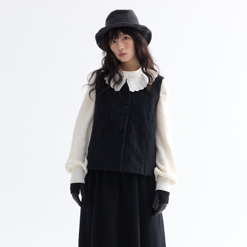 Round Neck Jacquard Knit Vest | Sleeveless | Winter Collection | Sora-1997 - เสื้อกั๊กผู้หญิง - ขนแกะ สีดำ