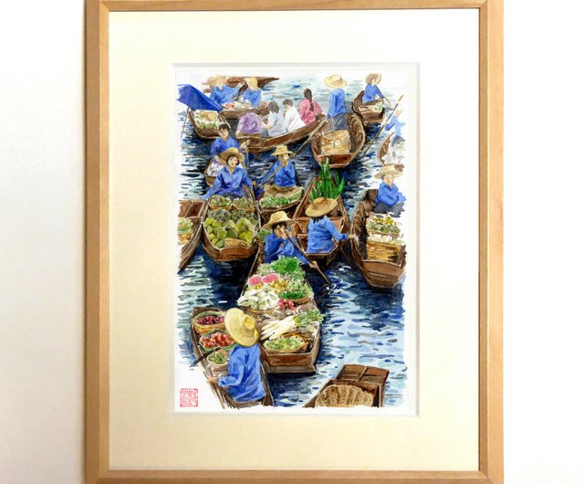 M▽野々村晃 水彩 絵画 額縁 紅葉 寺 (38227)