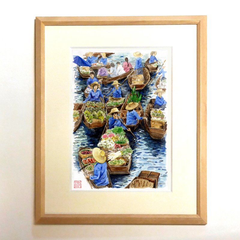 | 水上市場の賑わい |　水彩画/複製画/額装品 - 海報/掛畫/掛布 - 紙 