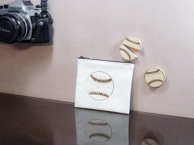 Baseball canvas branded coin purse solid wood branded headphones set line clip custom - กระเป๋าสตางค์ - ผ้าฝ้าย/ผ้าลินิน ขาว