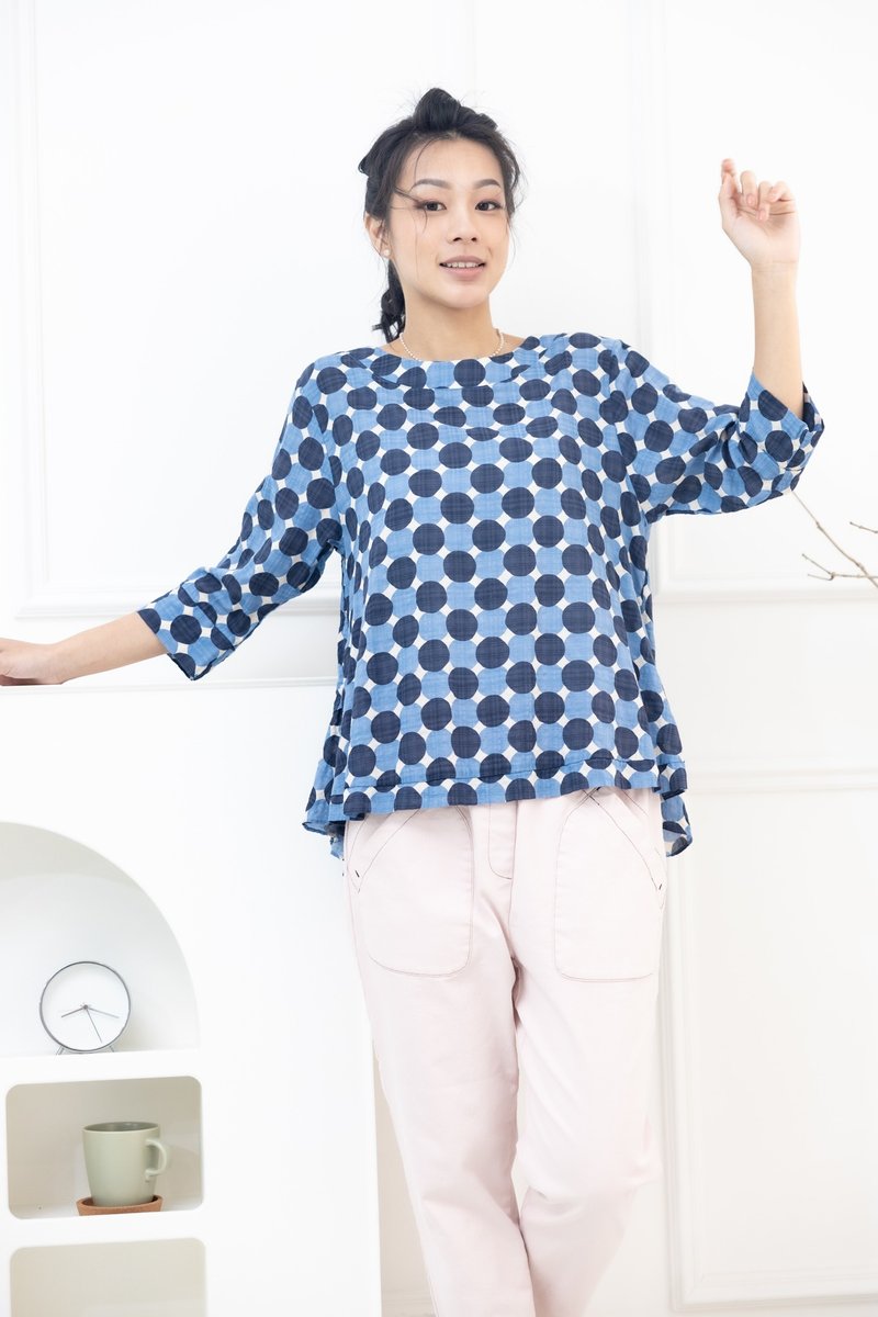 圓點點點棉麻短上衣 藍色系 - 女上衣/長袖上衣 - 其他材質 藍色