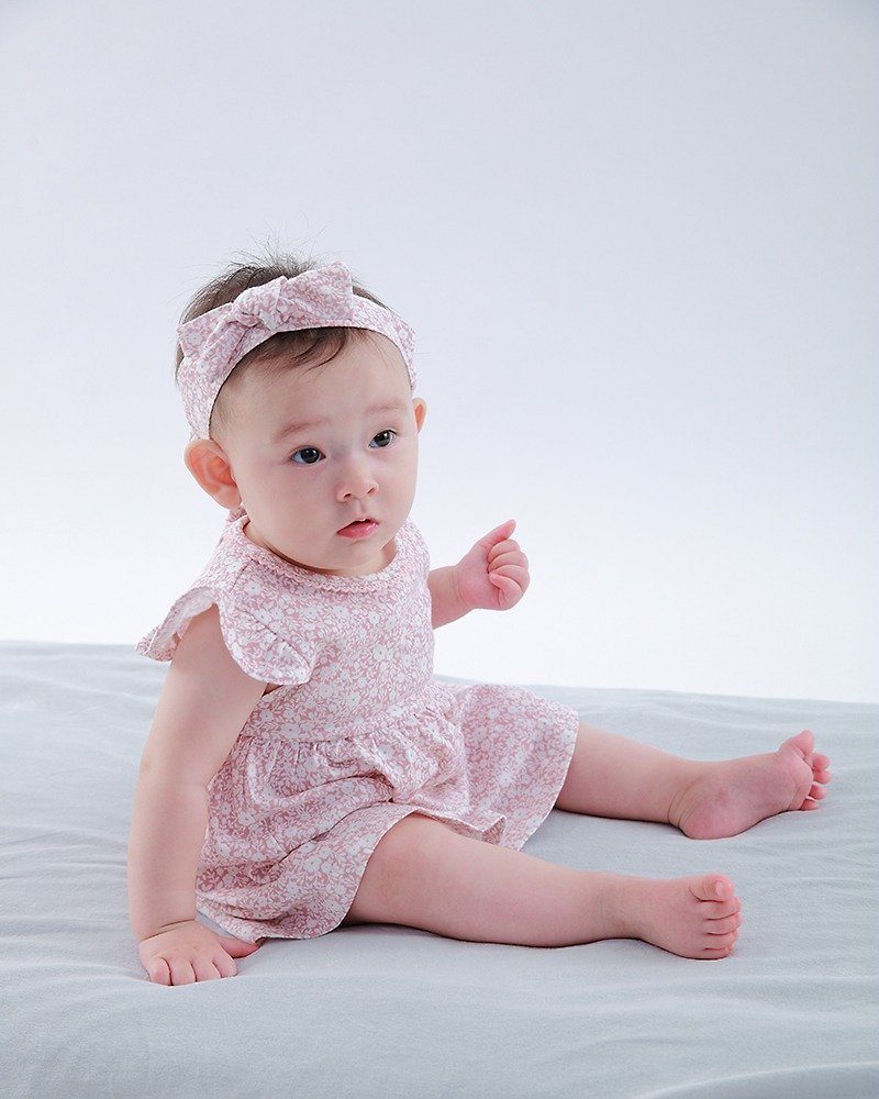 【Deux Filles有機棉】粉底白色花洋裝包屁衣 - 嬰兒連身衣/包被/包巾 - 棉．麻 粉紅色