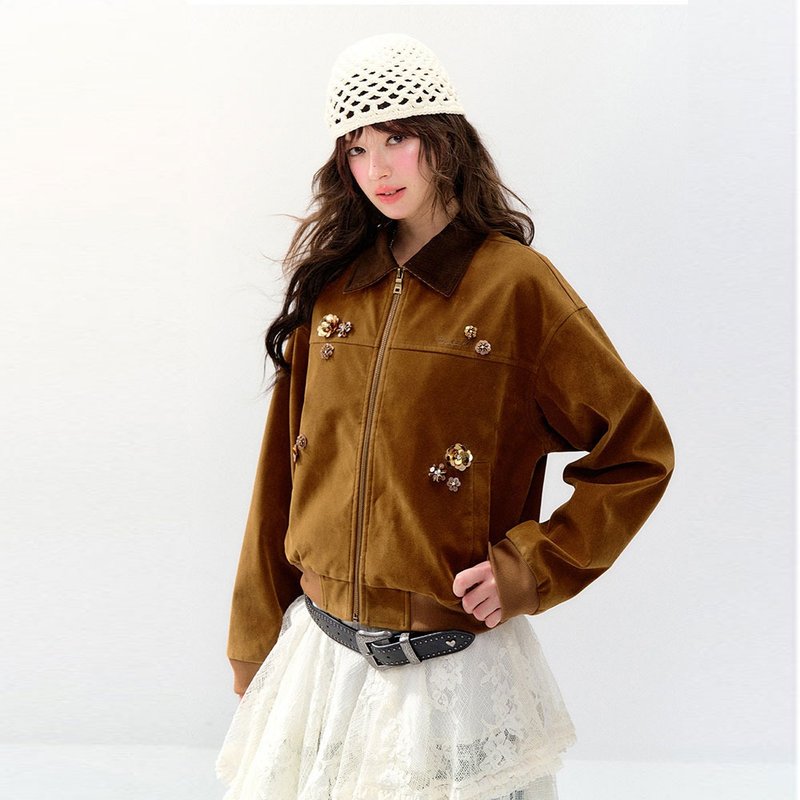 女性用レターディージュレザージャケット デトロイト風ピンと珠のフリル付き襟 - ブレザー・コート - ポリエステル 