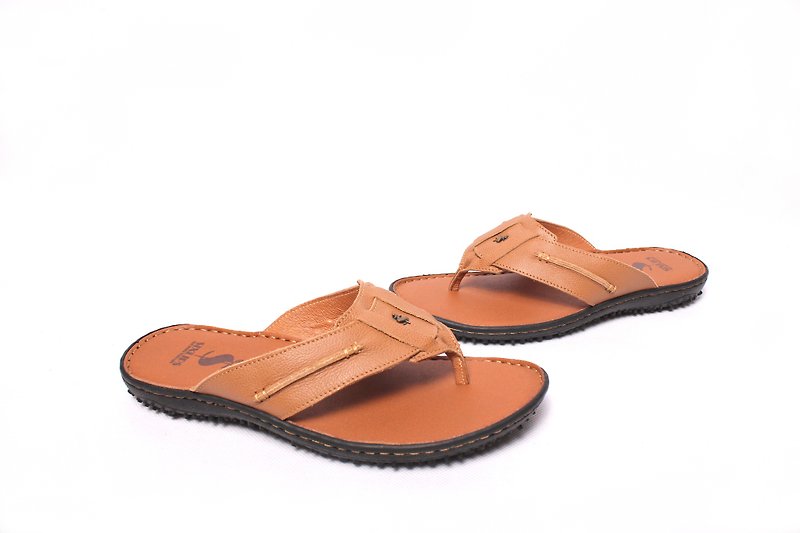 Temple filial good fashion shock absorption leather hand stitching feet sandals and slippers brown - รองเท้าแตะ - หนังแท้ สีนำ้ตาล