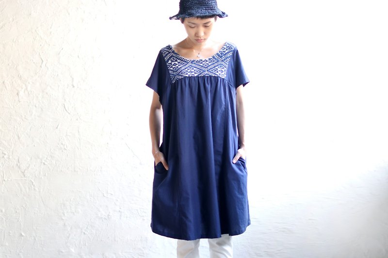 Omake Remake Lancers Embroidery Dress Up Dress Up - One Piece Dresses - Cotton & Hemp Blue