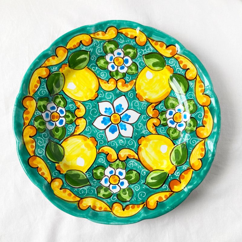 絵皿 26cm マヨリカ焼き イタリア陶器 レモン柄　ディナー皿　エメラルドグリーン - 盤子/餐盤/盤架 - 陶 綠色