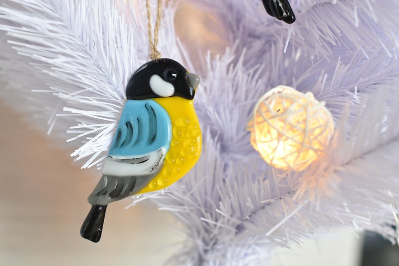 Bird tit christmas gift fused glass suncatcher - christmas tree toys - 擺飾/家飾品 - 玻璃 黃色