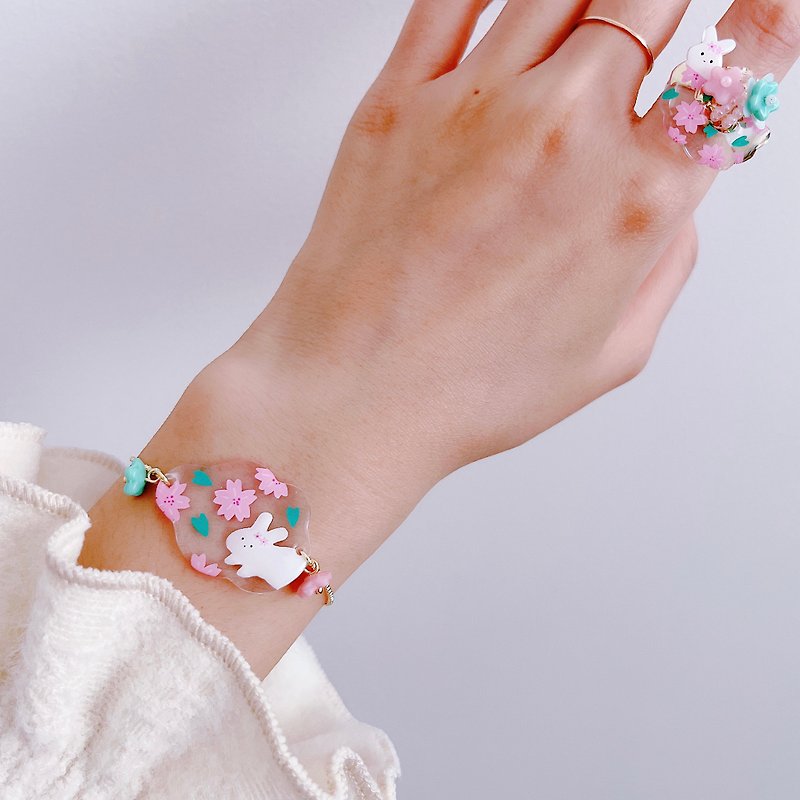Resin Bracelets - Pink Romantic Sakura Bunny Adjustable Bracelet