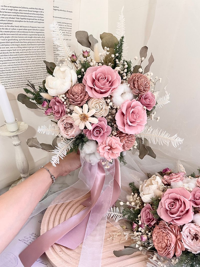 Moran pink rose bouquet dry flower non-withered flower bouquet wedding new year wedding bridal bouquet - Dried Flowers & Bouquets - Plants & Flowers 