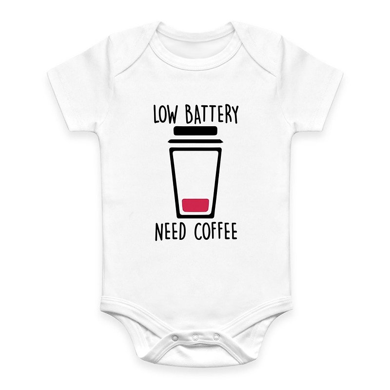 LOW BATTERY NEED COFFEE 包屁衣 白色  咖啡文青文創童裝嬰幼兒 - 嬰兒連身衣/包被/包巾 - 棉．麻 白色