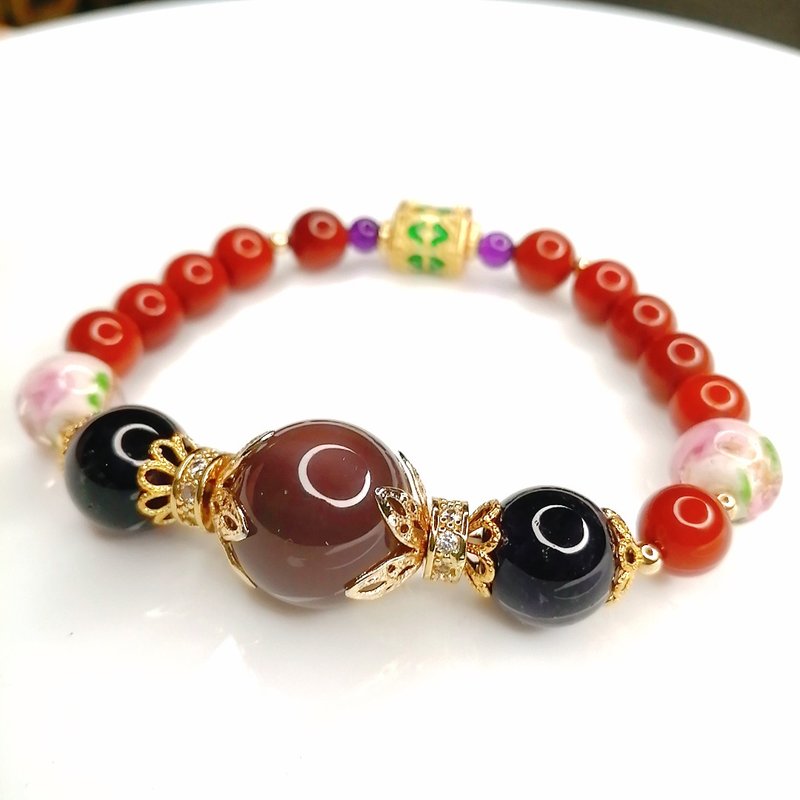 金銀財寶 Jinyin caibao 橘紫鹽源瑪腦/深紫烏拉桂紫水晶/南紅手 - 手鍊/手環 - 半寶石 