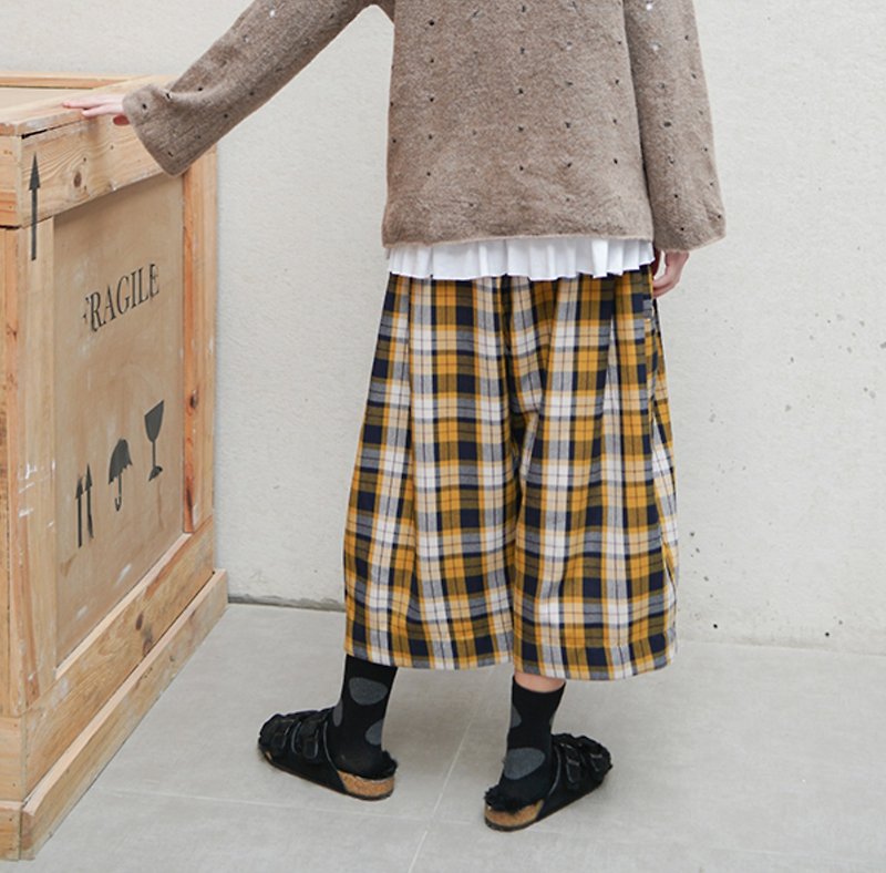 Yellow Check Forest Casual Pants-imakokoni - กางเกงขายาว - ผ้าฝ้าย/ผ้าลินิน สีเหลือง