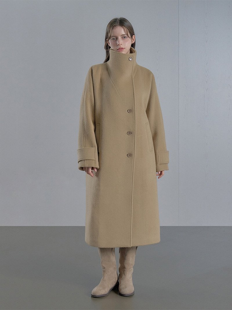 Cashmere high-neck long coat - Brown/Cream - เสื้อแจ็คเก็ต - วัสดุอื่นๆ สีกากี