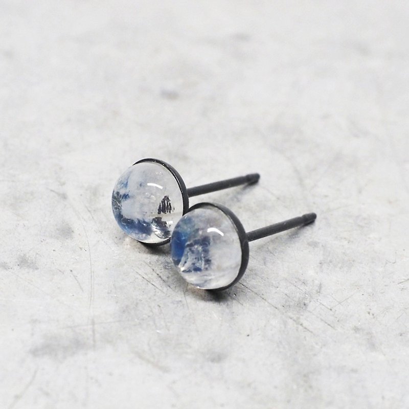 Rainbow Moonstone Gemstone Earrings, Black Sterling Silver, 6mm Round - 耳環/耳夾 - 其他金屬 藍色