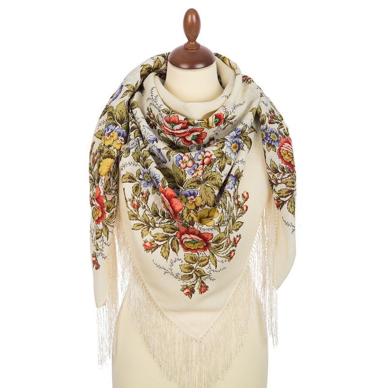Pavlovo Posad Russian Shawl 100% Wool Scarf Wrap Silk Fringe 125x125 cm 1594-3 - 絲巾 - 羊毛 多色