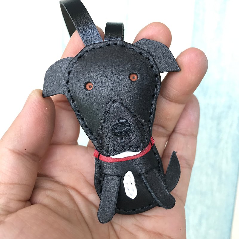 Healing small things black cute Taiwanese dog hand-stitched leather charm small size - Charms - Genuine Leather Black