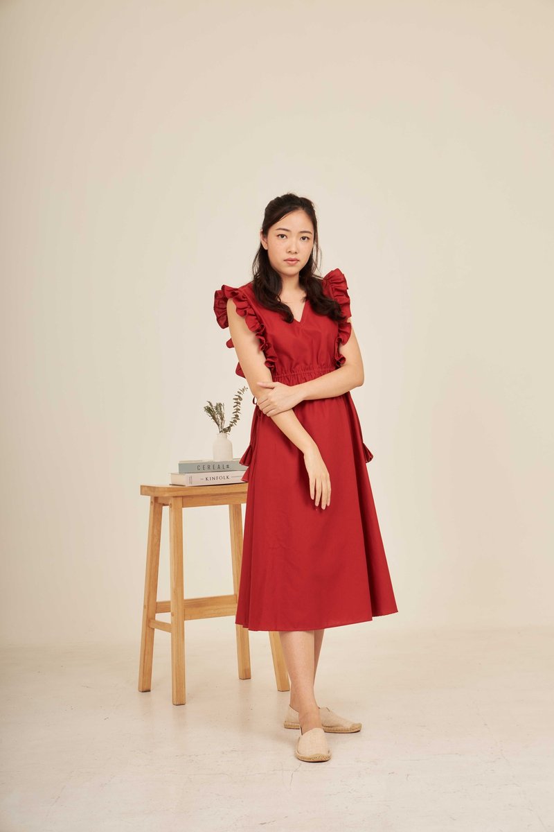 ALLURE - cotton sleeveless midi dress (red) - ชุดเดรส - ผ้าฝ้าย/ผ้าลินิน สีแดง