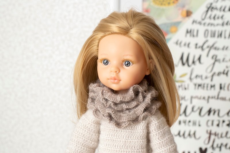 Openwork scarf for dolls, doll clothes, 娃娃衣服 针织围巾 给我女儿的礼物 人形 娃娃配件 娃娃 冬季服装 - ของเล่นเด็ก - ขนแกะ สีเทา