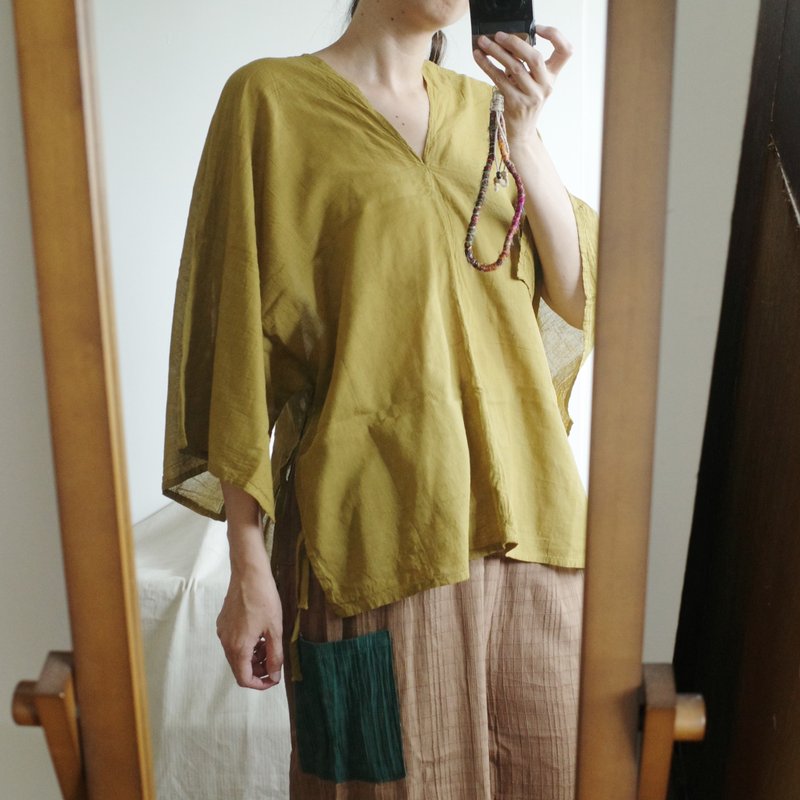 泰國純棉側邊綁帶寬袖上衣 土黃色 - 女上衣/長袖上衣 - 棉．麻 