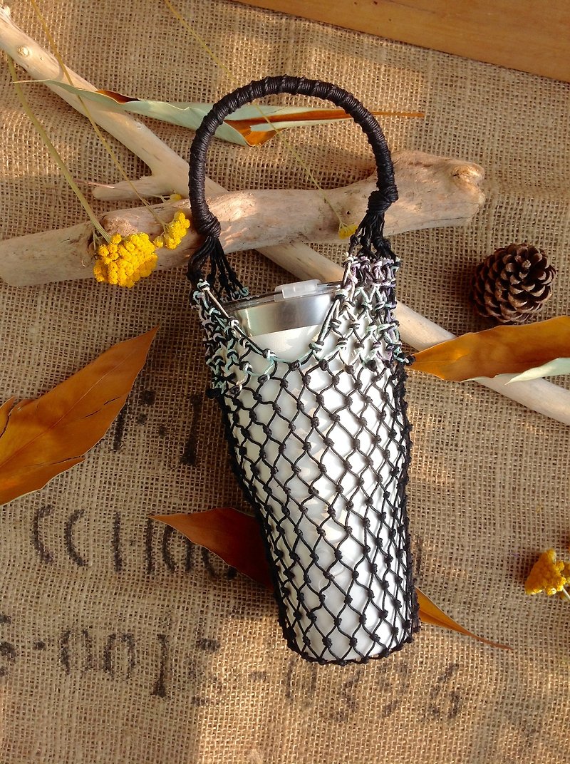 M-type American twine hand-woven bag - black plus light blue - thermos - bottle - hand cup - ice dam cup - Beverage Holders & Bags - Cotton & Hemp Black