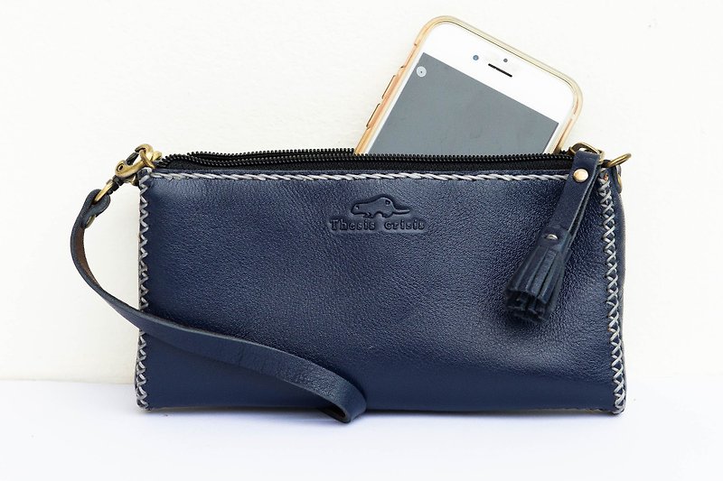 HANDMADE SMALL BAG MADE OF SOFT COW LEATHER FOR YOUR MOBILE PHONE-BLUE/NAVY - 化妝包/收納袋 - 真皮 藍色