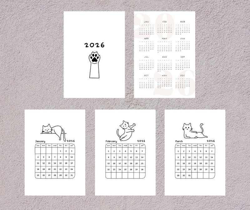 The Meownimal Year 2026 calendar for 2026, Sunday start, digital DOWNLOAD - 電子手帳及素材 - 其他材質 