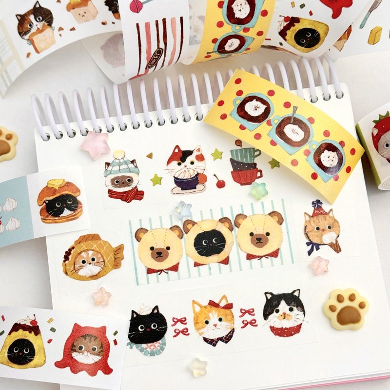 Dessert Cat: Cuteness is Justice - Salty Face Painting Washi Tape (10m Roll) - มาสกิ้งเทป - วัสดุอื่นๆ หลากหลายสี