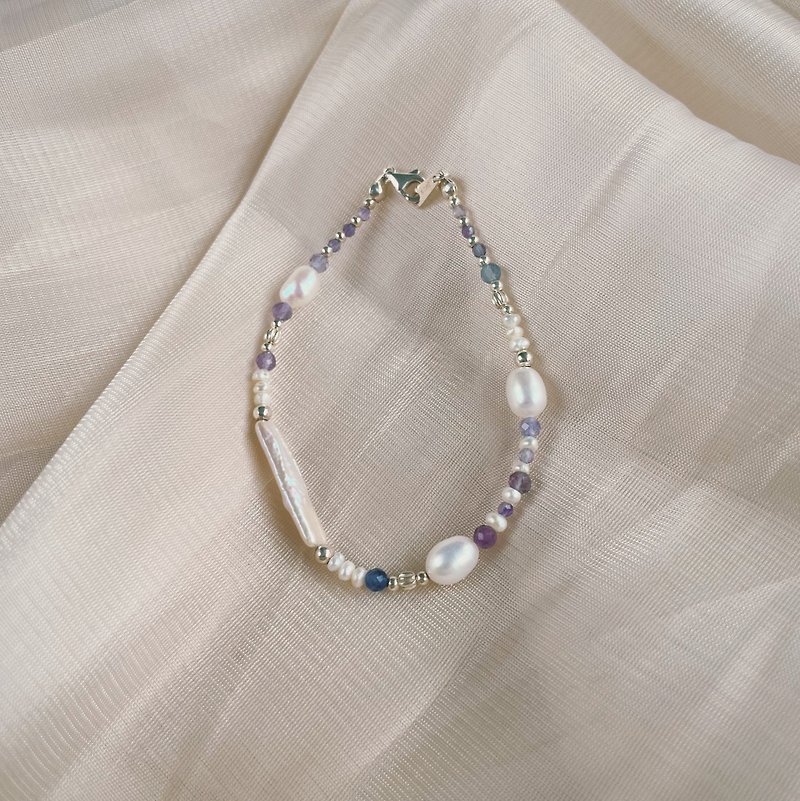 [4 colors] sparkling natural stone bracelet 925 silver Stone fluorite freshwater pearl customized jewelry - Bracelets - Semi-Precious Stones Multicolor